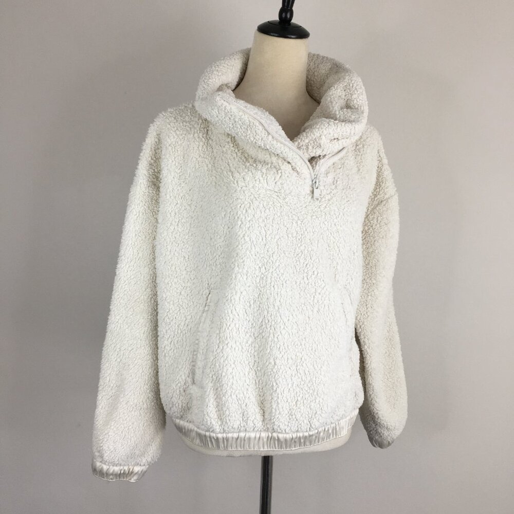 ATHLETA Ivory Asym Zip Collar Satin Trim Fur Fluffy Pullover Jacket